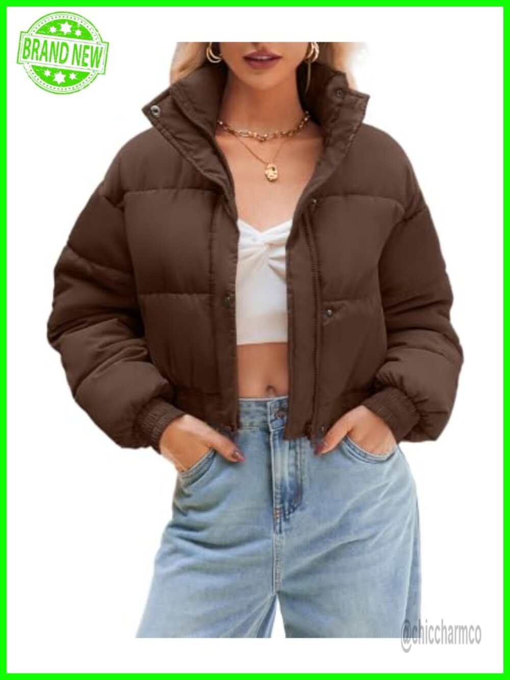 Women's Cropped Quilted Puffer Jacket Warm Lightweight Zip Snap Casual